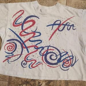 Vintage 90s crop top shirt with multi colored swirl abstract art print